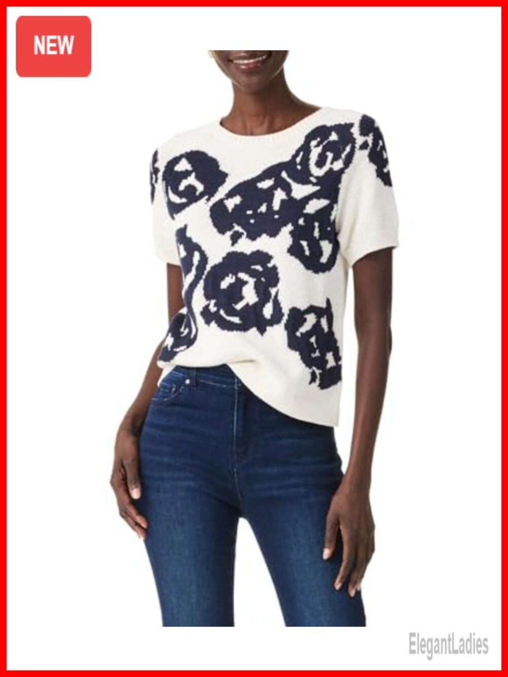 NIC+ZOE Women's Rose Bloom Pullover Sweater Midweight Short Sleeve